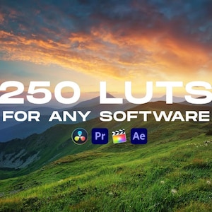 Puede incluir: Paisaje escénico con colinas verdes y montañas bajo un cielo vibrante al atardecer. El texto blanco dice "250 LUTS PARA CUALQUIER SOFTWARE" con iconos de software debajo. Un activo digital visualmente atractivo.