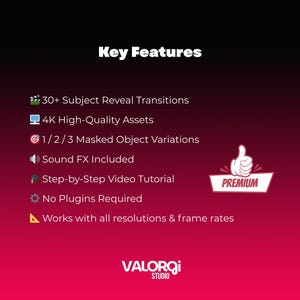 Op de afbeelding: Een afbeelding met de tekst "Key Features" en een lijst met functies, waaronder "30+ Subject Reveal Transitions", "4K High-Quality Assets" en "Sound FX Included". Een "PREMIUM" badge wordt weergegeven. Het VALORQi STUDIO logo staat onderaan.