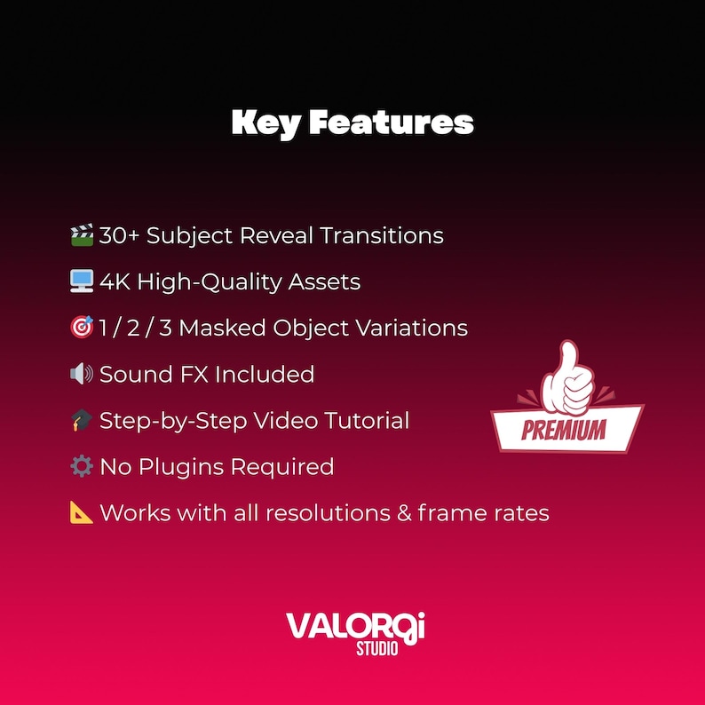Op de afbeelding: Een afbeelding met de tekst "Key Features" en een lijst met functies, waaronder "30+ Subject Reveal Transitions", "4K High-Quality Assets" en "Sound FX Included". Een "PREMIUM" badge wordt weergegeven. Het VALORQi STUDIO logo staat onderaan.