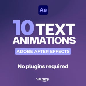 Puede incluir: Gráfico con fondo degradado púrpura. El texto blanco dice "10 TEXT ANIMATIONS", con "ANIMATIONS" en un tamaño de fuente mayor. Debajo, se lee "ADOBE AFTER EFFECTS" y "No plugins required". El logotipo de Valorqi Studio está abajo.