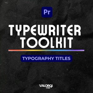 Könnte beinhalten: Auf schwarzem Hintergrund steht in weißen Buchstaben "TYPEWRITER TOOLKIT". Darunter eine farbige Linie und die Worte "TYPOGRAPHY TITLES" in einem blauen Rechteck. Das Adobe Premiere Pro Logo ist oben links.