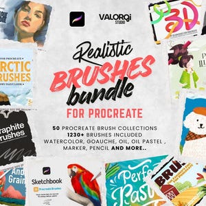 May include: A digital product bundle for Procreate featuring 50 brush collections and 1230+ brushes. The central text reads Realistic BRUSHES bundle FOR PROCREATE, surrounded by various artistic samples including portraits, animals, and landscapes.