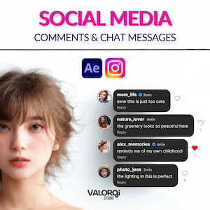 Könnte beinhalten: Eine digitale Grafik mit dem Text SOCIAL MEDIA COMMENTS & CHAT MESSAGES, Adobe After Effects- und Instagram-Symbolen sowie vier schwarzen Sprechblasen mit Benutzeravataren und Text. Links ist das Porträt einer Person mit braunem Haar.