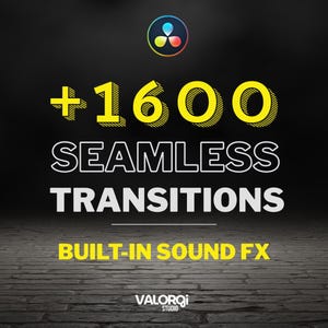 Puede incluir: Fondo negro con el texto "+1600 SEAMLESS TRANSITIONS" en blanco y amarillo. Debajo, el texto "BUILT-IN SOUND FX" es amarillo. El logotipo de Valorqi Studio está en la parte inferior. Un logotipo colorido está en la parte superior.