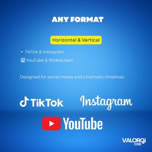 May include: A blue background with white text that reads "ANY FORMAT". It also includes the text "Horizontal & Vertical", "TikTok & Instagram", and "YouTube & Widescreen". The image also features the logos for TikTok, Instagram, and YouTube.