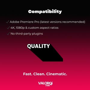 Op de afbeelding: Een afbeelding met een rode en zwarte gradi&euml;nt achtergrond. Tekst bevat "Compatibiliteit", "Adobe Premiere Pro", "4K, 1080p" en "Geen plugins van derden". Het woord "KWALITEIT" staat in vetgedrukte witte tekst. De tekst "Snel. Schoon. Filmisch." is ook opgenomen, samen met een logo.