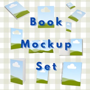 May include: A collection of book mockups with a blue sky and green landscape design. The words "Book Mockup Set" are displayed in blue. The set includes various book styles, such as a spiral notebook, a hanging tag, and a folded book.