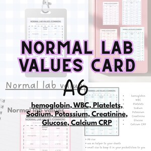 May include: A6-sized "Normal Lab Values Card" with a pink and white design. The card features a list of common lab values, including hemoglobin, WBC, platelets, sodium, potassium, creatinine, glucose, and calcium CRP. The text "NORMAL LAB VALUES CARD" is prominently displayed.