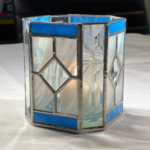Clouds & Bevels Stained Glass Candleholder - Sky Blue