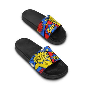 Comic Book Style Men&#39;s Slide Sandals, Fun Summer Footwear, Cartoon Slide Slippers, Beach Sandals for Men, Pop Art Sandals
