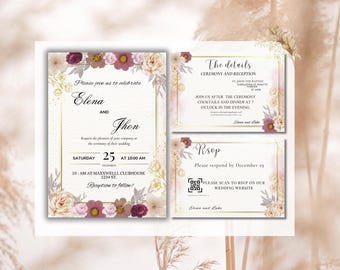 May include: Wedding stationery set with a main invitation, details card, and RSVP card. The design incorporates floral elements in pink, cream, and gold. The invitation text includes the names Elena and Jhon, the date, time, and venue details.