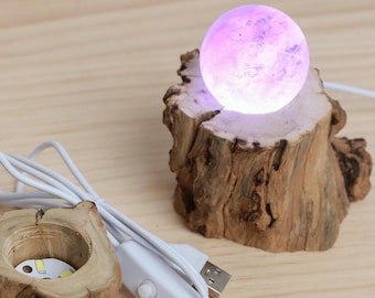 LED Crystal Ball Base, Natural Wood USB Holder
