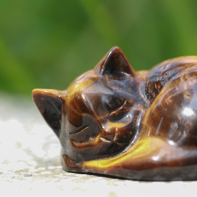 May include: A detailed sculpture of a sleeping cat carved from tiger's eye gemstone. The cat is curled up, with its eyes closed and ears perked. The stone has a rich, brown color with golden streaks, and is resting on a light-colored surface.