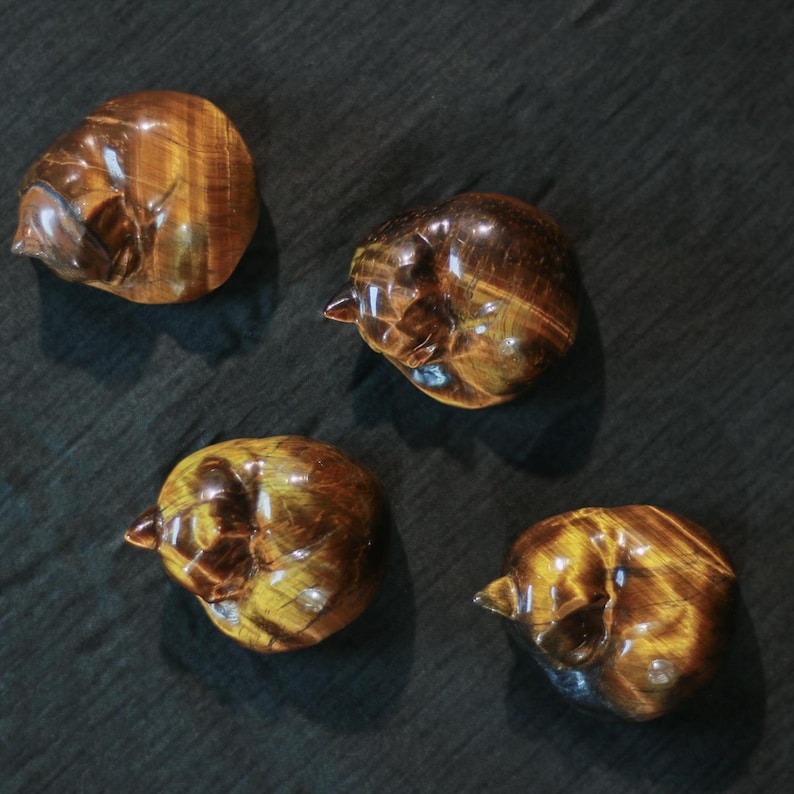 May include: Four polished tiger's eye stone carvings, each shaped like a small bird. The stones display a rich, golden-brown color with natural streaks and patterns. The carvings are set against a dark, textured background.