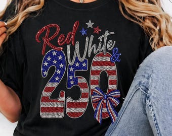 Red White and 250 Faux Rhinestone T-Shirt Patriotic USA Independence Day Shirt, Sparkle American Flag 4th of July Women Graphic Tee