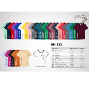 May include: A display of unisex t-shirts in various colors, including mint, navy, and red. The image also features a size chart with measurements in inches for XS to 4XL sizes, and a t-shirt diagram.