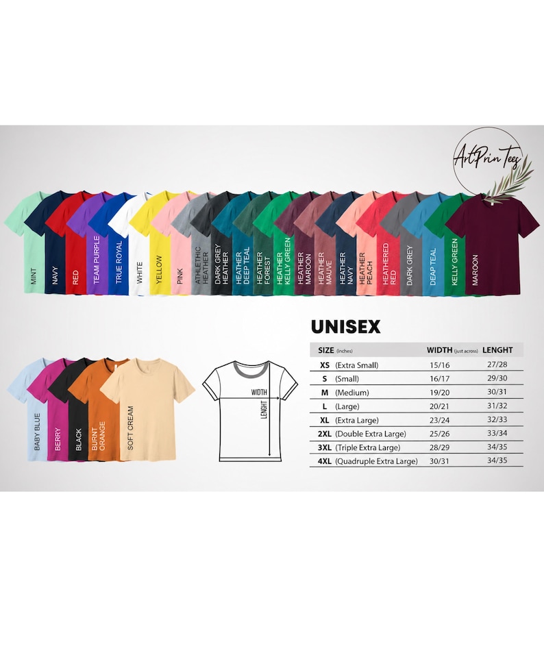 May include: A display of unisex t-shirts in various colors, including mint, navy, and red. The image also features a size chart with measurements in inches for XS to 4XL sizes, and a t-shirt diagram.