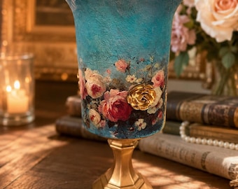 Portavelas de jarrón floral azul hecho a mano, jarrón de pedestal de inspiración vintage, decoración romántica de estilo rústico, acento para el hogar de estilo campestre francés, regalo único