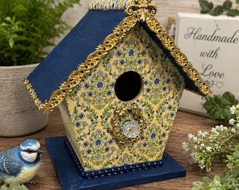 Vintage Floral Birdhouse, Decorative Wooden Birdhouse, Garden Hanging Birdhouse, Blue & Gold Cottagecore Decor, Outdoor Patio Garden Gift