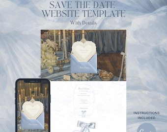 Dusty Blue Wedding Website Template • Oil Painting Save the Date • Editable in Canva
