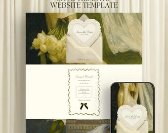 Olive Green Save the Date Wedding Website with RSVP | Editable Canva Invitation | Vintage Oil Painting