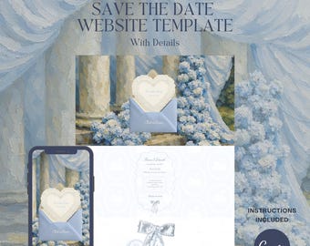 Dusty Blue Save the Date Wedding Website • Oil Painting Style • Editable in Canva • Instant Download