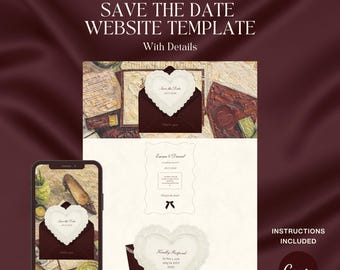 Burgundy Save the Date Wedding Website with RSVP • Editable Canva • Instant Download