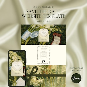 May include: A wedding website template with the text "SAVE THE DATE WEBSITE TEMPLATE With Details." The design includes a bouquet, a ring box, and a smartphone displaying a similar design. The template is fully editable.