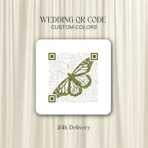 May include: A white square with a QR code and a butterfly design in shades of green. The text "WEDDING QR CODE CUSTOM COLORS" is at the top, and "24h Delivery" is at the bottom.