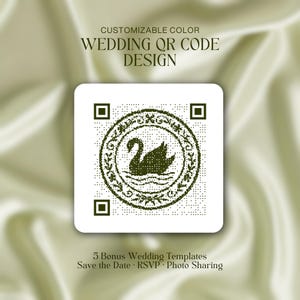 Puede incluir: Un diseño de código QR de boda cuadrado con una ilustración de cisne en un marco circular. El texto "CUSTOMIZABLE COLOR WEDDING QR CODE DESIGN" está en la parte superior. El texto adicional incluye "5 Bonus Wedding Templates Save the Date RSVP Photo Sharing."