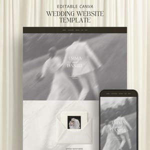 May include: An editable Canva wedding website template featuring a blurred grayscale photograph of a couple, the text "EMMA and DANIEL", "we getting married", "17.07.2027", "KINDLY RSVP HERE BY MAY 1, 2027", and an envelope with a small photo insert.