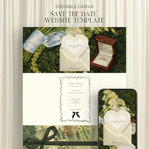 Peut inclure: Un modèle de site web Save the Date Canva modifiable avec une carte en forme de cœur dans une enveloppe, un écrin à bague et des fleurs. Le texte indique EDITABLE CANVA SAVE THE DATE WEBSITE TEMPLATE, Save the Date, Emma & Daniel, Click to open.