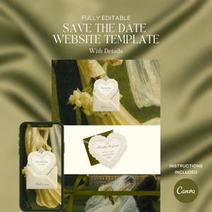 May include: A wedding website template featuring the text "SAVE THE DATE WEBSITE TEMPLATE" and "With Details". The design includes heart-shaped cards, envelopes, and a smartphone mockup. The Canva logo is visible.