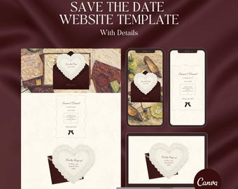 Burgundy Save the Date Wedding Website with RSVP • Editable Canva • Instant Download