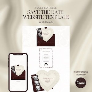以下が含まれることがあります： 結婚をテーマにしたウェブサイトテンプレート。ハート型の招待状、濃い赤色の封筒、スマートフォンのモックアップが含まれています。招待状には「Save the Date」と「Kindly Respond」と書かれています。テンプレートは完全に編集可能です。