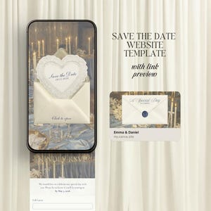 Może przedstawiać: Cyfrowy szablon zaproszenia ślubnego z kartą 'Save the Date' w kształcie serca w kopercie. Projekt zawiera tekst 'Save the Date Website Template' i podgląd linku do strony internetowej.