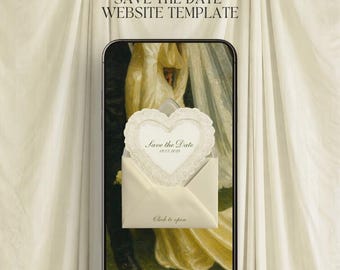Olive Green Save the Date Wedding Website with RSVP | Editable Canva Template | Vintage Oil Painting