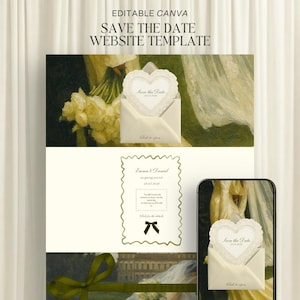 Può includere: Un modello di sito web Save the Date modificabile su Canva con una carta a forma di cuore in una busta, un invito rettangolare con bordo smerlato e un nastro verde scuro. Il design include il testo Save the Date e Click to open.