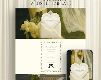 Olive Green Save the Date Wedding Website with RSVP | Editable Canva Invitation | Vintage Oil Painting