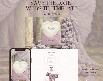 Pink Save the Date Wedding Website with RSVP & Envelope Design •  Editable Canva • Instant Download