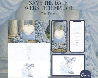 Dusty Blue Wedding Website with RSVP • Oil Painting Save the Date • Canva Editable (Instant Download)