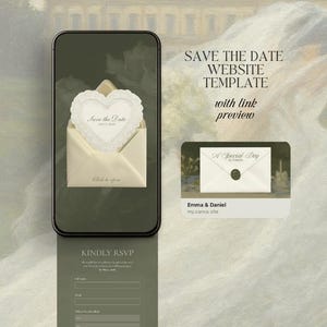 Peut inclure: Un écran de smartphone affiche un modèle de site web de mariage. Le design comprend une carte 'Save the Date' en forme de cœur dans une enveloppe, un aperçu d'une carte 'Jour Spécial' et un formulaire RSVP. Le texte comprend 'Save the Date' et 'Kindly RSVP'.