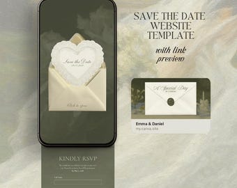 Olive Green Save the Date with RSVP | Oil Painting Style | Canva Wedding Website