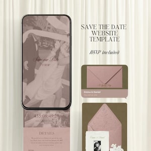 May include: A wedding website template featuring a phone mockup with a 'Save the Date' design. The design includes a photo, time display, and RSVP information. Also shown are a pink envelope and invitation suite with floral details.