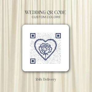 May include: A white square QR code with a blue heart and rose design, with the text "WEDDING QR CODE CUSTOM COLORS" above and "24h Delivery" below. The background is a cream-colored curtain.