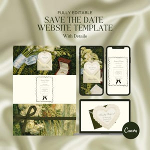 May include: A website template with the text "SAVE THE DATE WEBSITE TEMPLATE" and "With Details". The design includes a heart-shaped invitation, a ring box, and a bouquet of flowers. The template is displayed on a laptop and two smartphones.