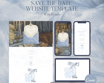 Dusty Blue Wedding Website Template • Oil Painting Save the Date • Editable in Canva