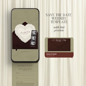 May include: A digital save the date website template displayed on a smartphone screen, featuring a dark brown envelope with a heart-shaped card, a photo strip, and an RSVP form. Text includes SAVE THE DATE WEBSITE TEMPLATE, A Special Day, and Emma & Daniel.