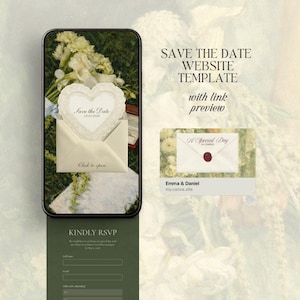 Puede incluir: Una pantalla de smartphone muestra una plantilla de sitio web de boda con un fondo floral. El diseño incluye una tarjeta "Save the Date" en forma de corazón, un formulario RSVP y una vista previa de una tarjeta "A Special Day". El texto incluye "Save the Date Website Template" y "Kindly RSVP".