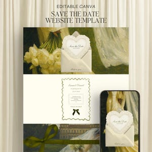 May include: A wedding website template with the text "EDITABLE CANVA SAVE THE DATE WEBSITE TEMPLATE". The design includes a heart-shaped card in an envelope, a wedding invitation, and a smartphone displaying the same card.